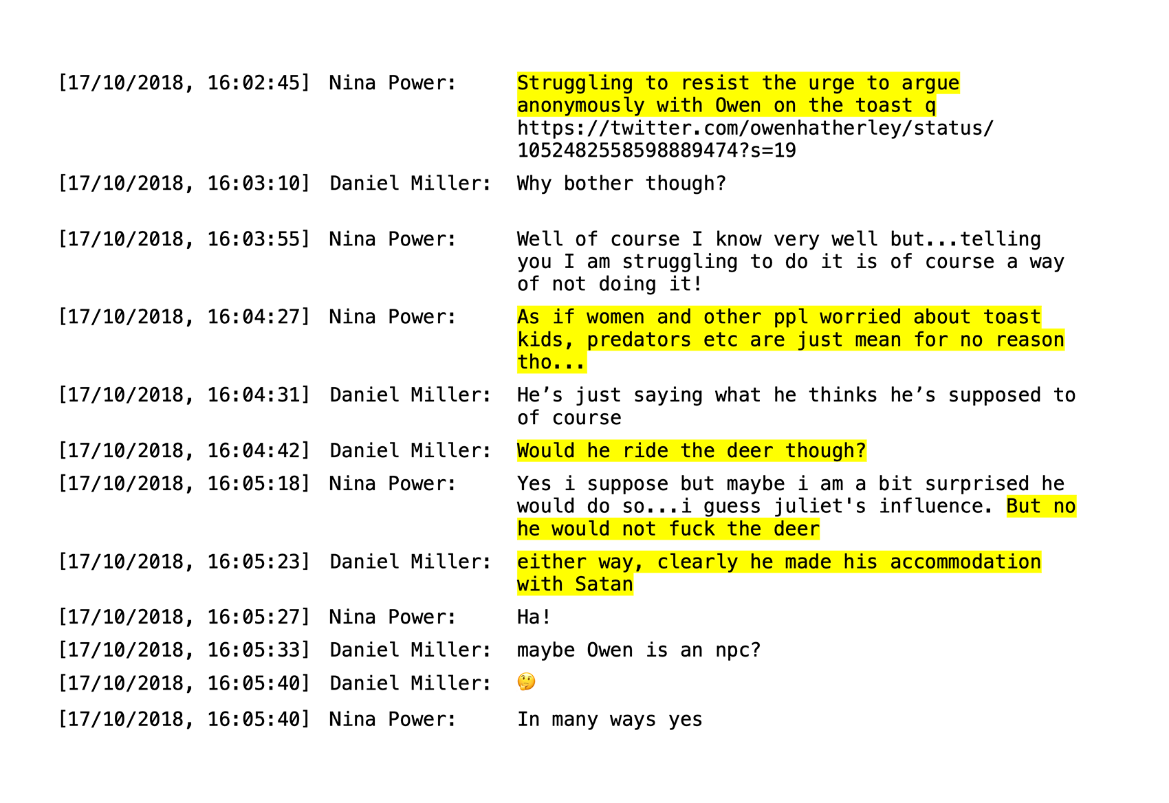Nina Power and Daniel Miller WhatsApp messages